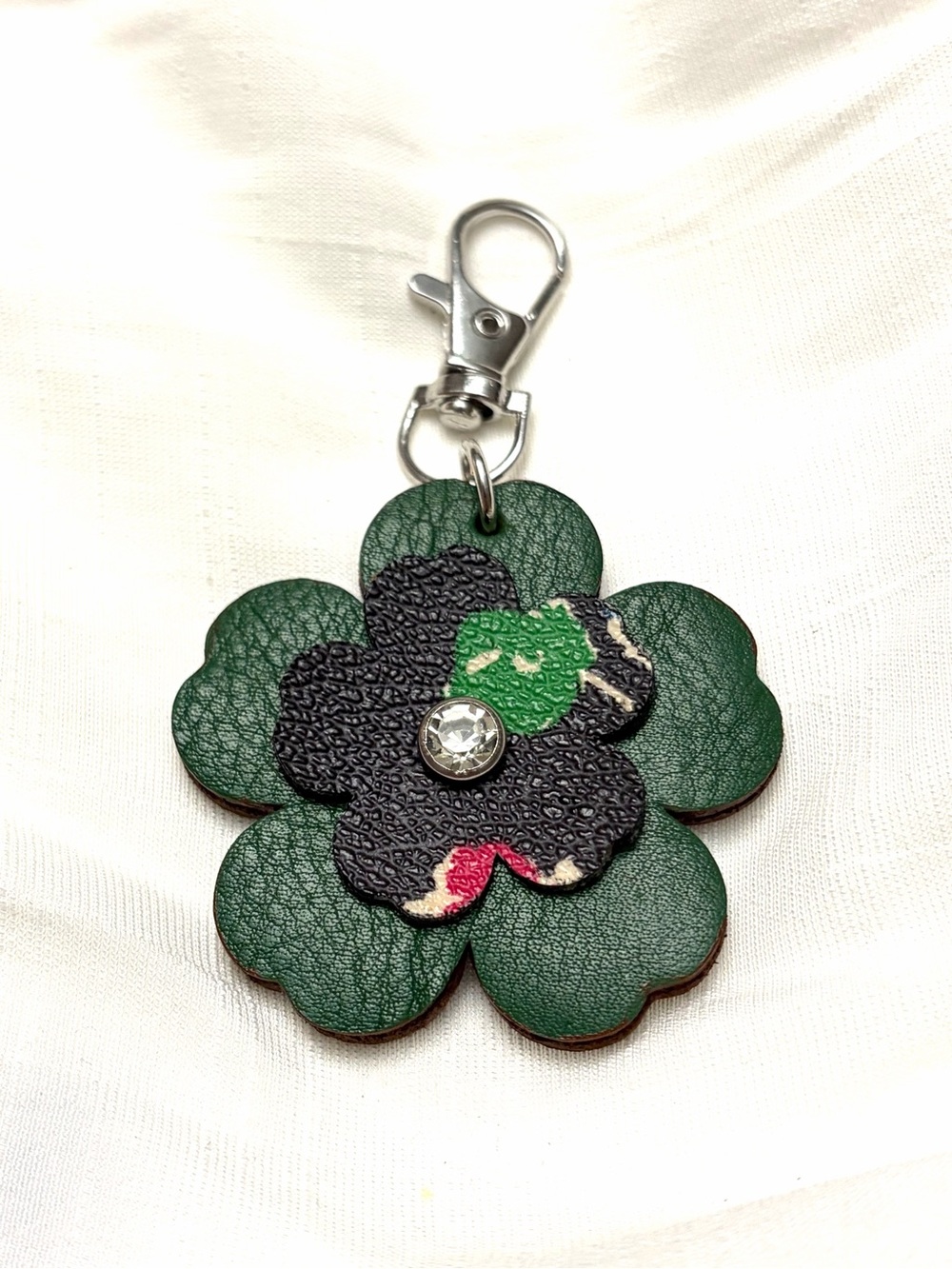 Upcycled COACH Leather Floral Keychain Charm Green Brown Black Floral